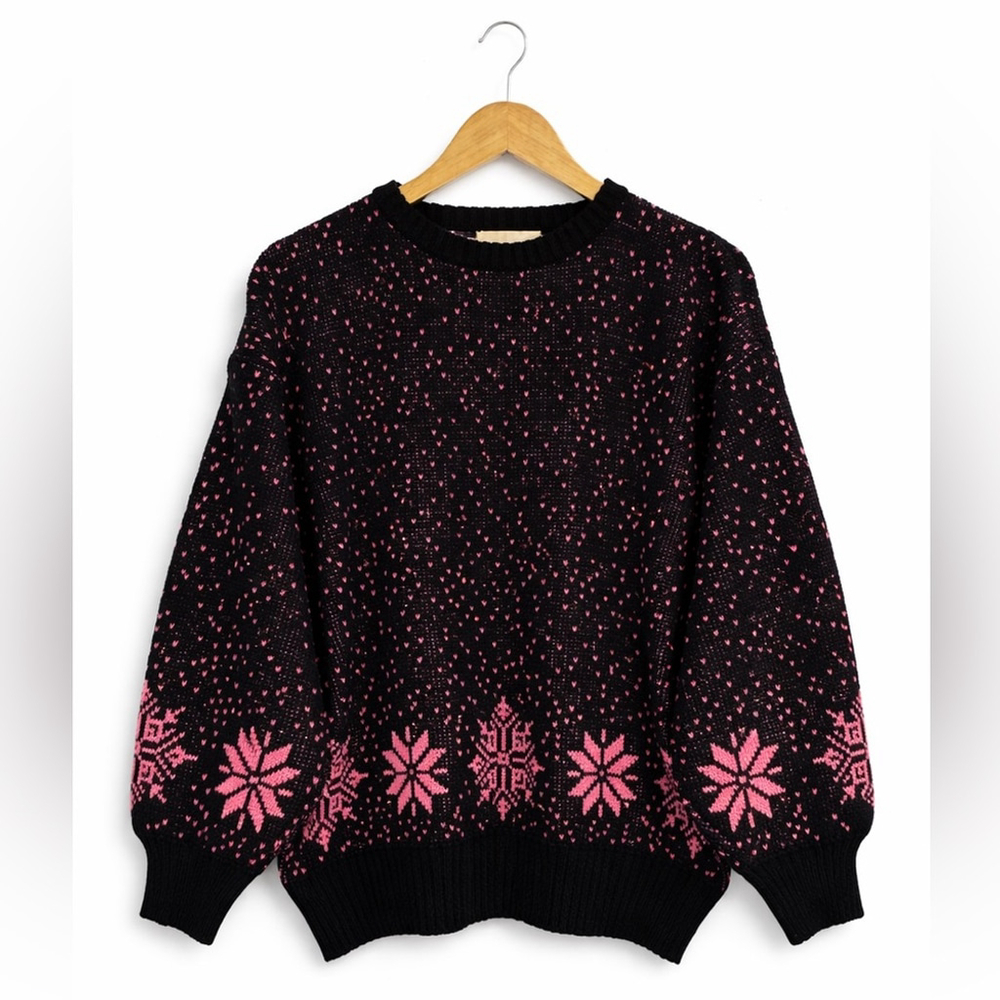 Vintage Black Pink Nordic Knit Sweater | 80s 90s Cozy Statement Pullover